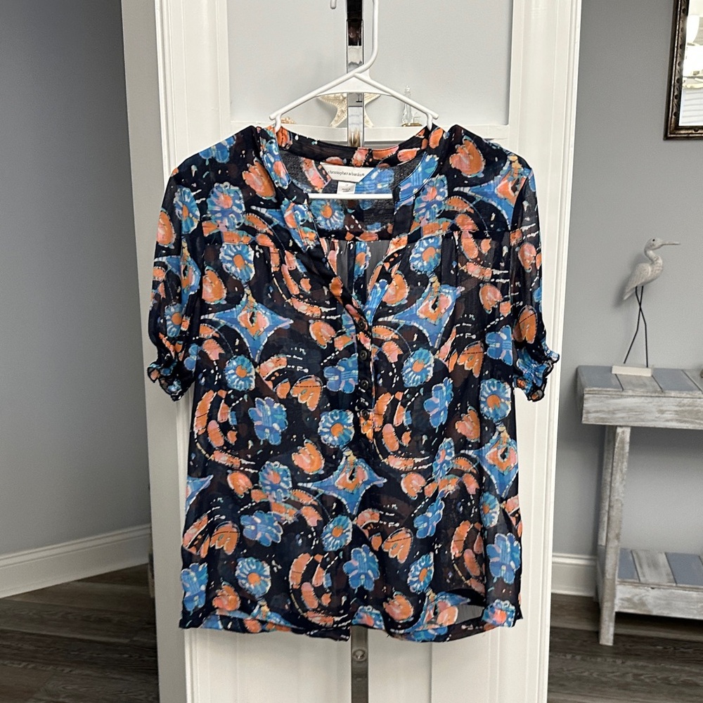 Christopher & Banks Sz M Sheer Floral Blouse Navy Blues Pinks White